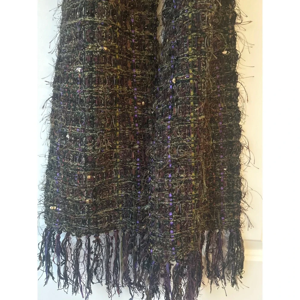 Shepatin Artisan Woven Fringe Scarf Purple Brown Multi Texture Boho Ribbon Wrap